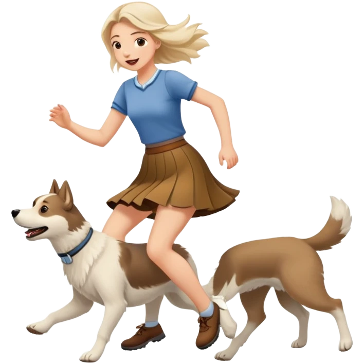A beautiful girl with fair skin wearing a skirt happily chases the Alaskan dog emoji