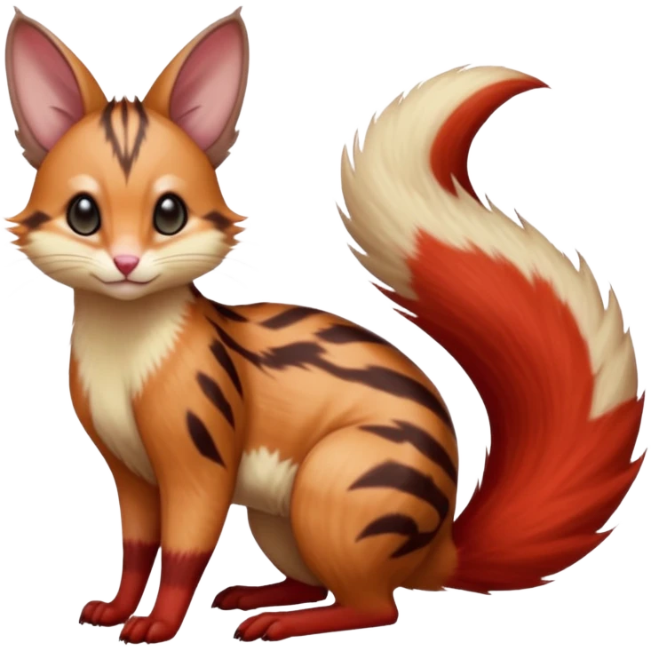 sanguine-red-streaked natural realistic divine beautiful elegant pretty precious cute young youthful  Fakémon-Pokémon-alien-opossum-squirrel-feline-serval-caracal-chinchilla-Minccino-hybrid-creature with a big fluffy bushy tail (full body) emoji