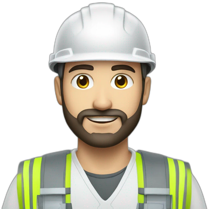 A young Turkish electrical engineer with a full beard, a white helmet and a phosphorescent protective vest emoji