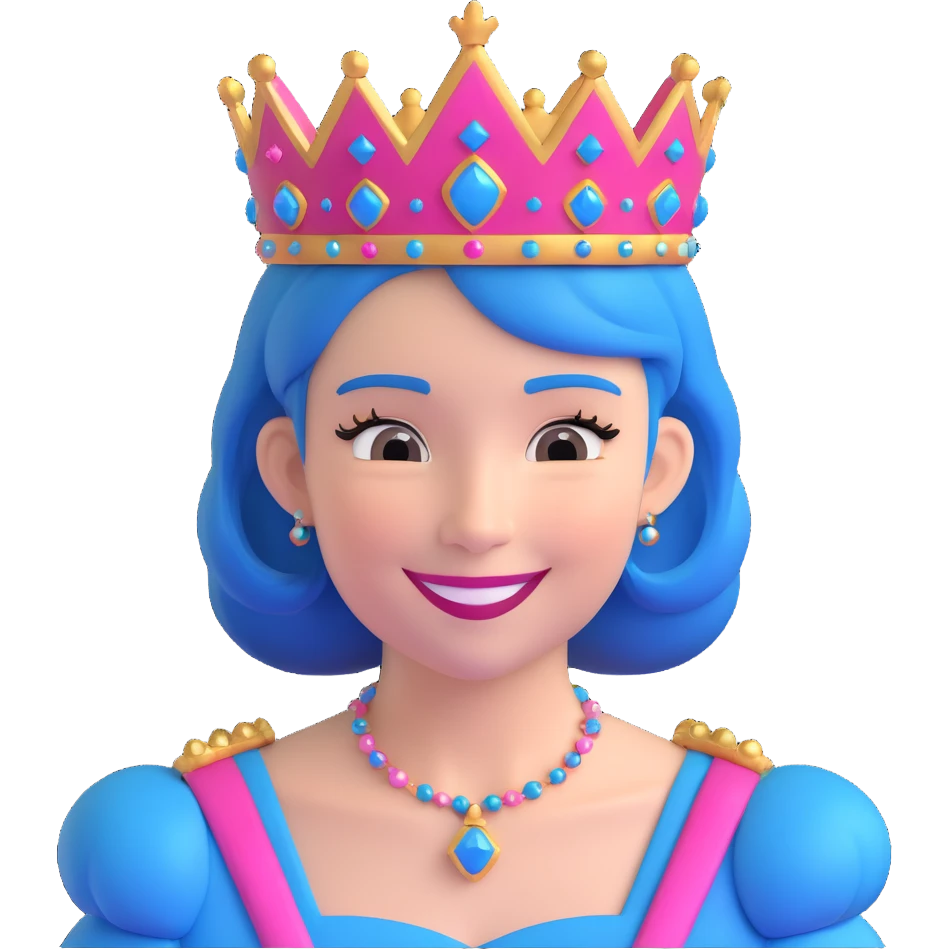 smiling queen with pink and blue hair and a queen crown emoji
