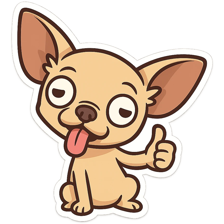 Cat emoticon pack, a demented Chihuahua, tilting its head, sticking out its tongue, and giving a thumbs up, looking unintelligent and with an ambiguous expression emoji