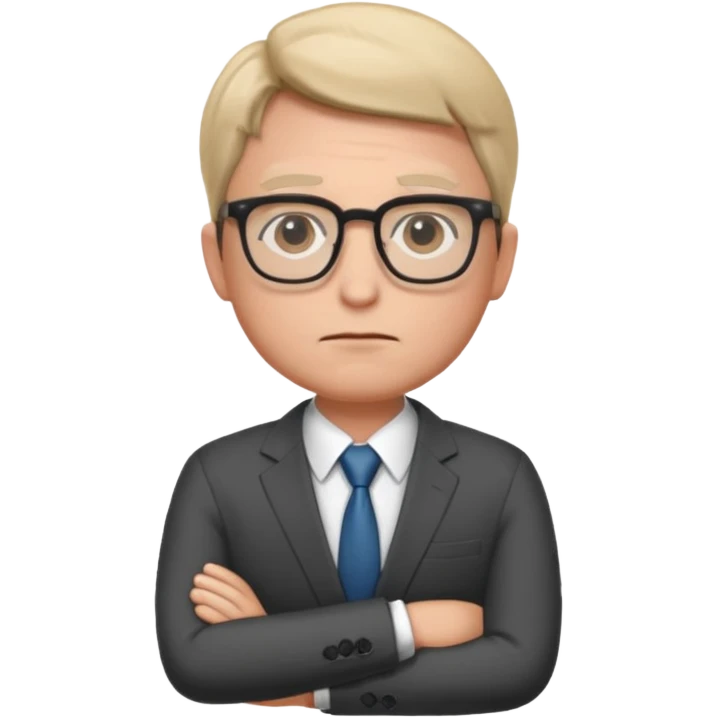 Illustrate Gus in a business suit with glasses, hands folded & serious gaze. emoji