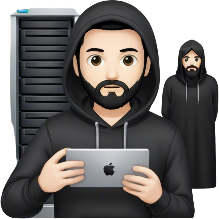 hackeur blanc cheveux noir barbe et capuche noir à côté d'un server emoji