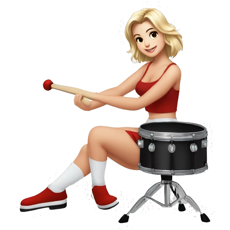 alistic full body caucasian curvy beauty short black skirt front view knickers long white socks sitting playing red drumkit emoji