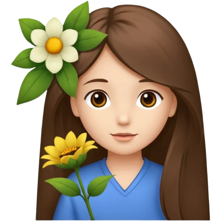 Ein braunhaariges Mädchen (glatte Haare ) mit einen Blume hinter dem ohr lange haare zur Seite kuckend Blume hinter dem rechten Ohr so das man es sieht zur Seite schauend emoji