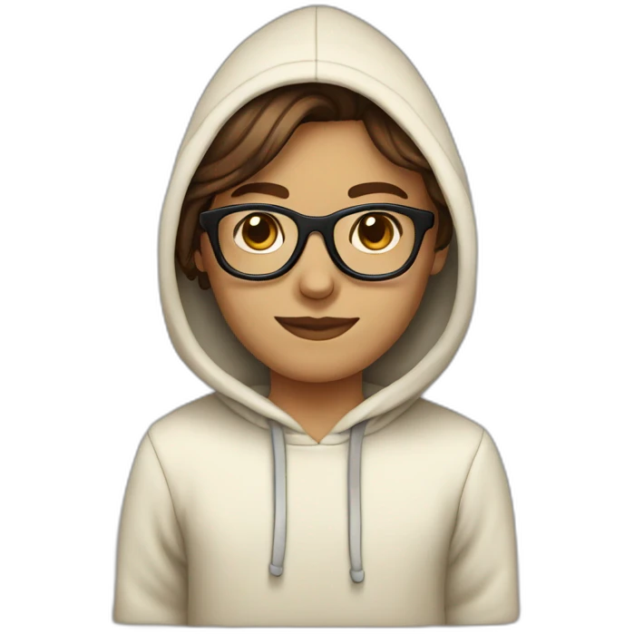 Brown hair with glasses and cream hoodie emoji