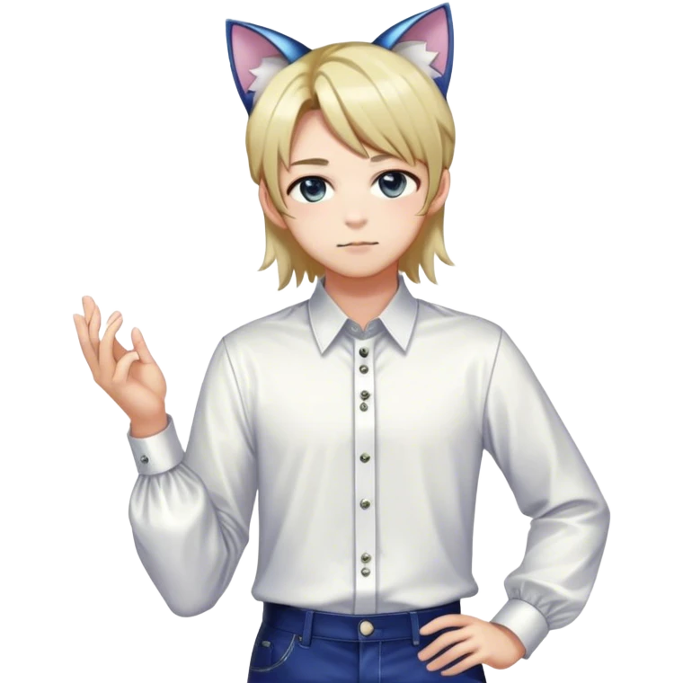 effeminate young femboy man with shiny hair, cat ears, blouse, cute, gorgeous, anime, catboy, full body emoji