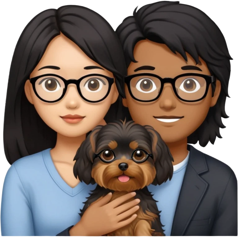 A couple holding a small Yorkshire Terrier together. The girl is Asian with long, luscious wavy black hair (loose, no hair tie). She is next to her boyfriend, a brown-skinned man wearing glasses with a korean haircut emoji