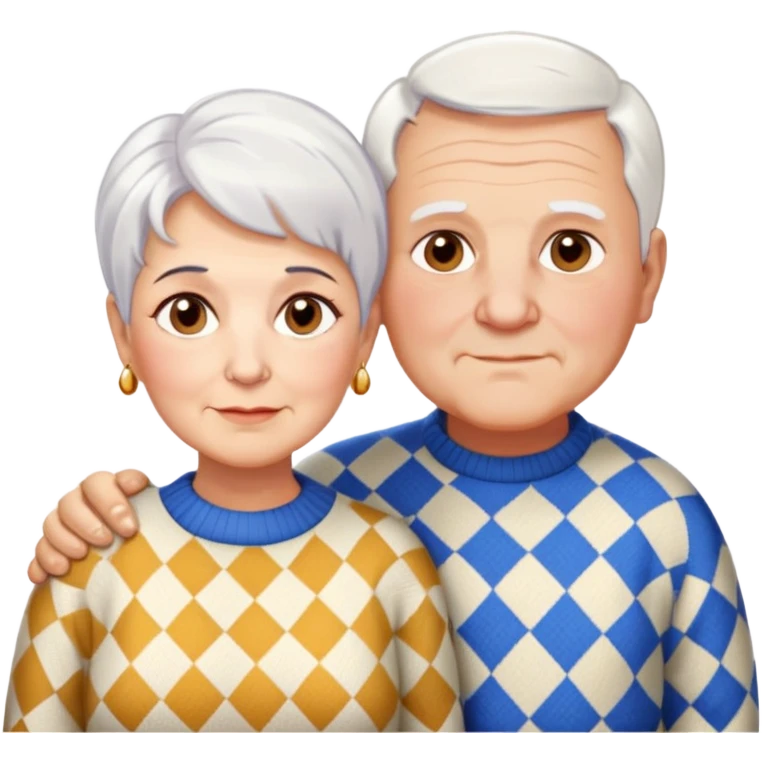 Una abuela italiana blanca de ojos marrones con cabello corto blanco y aretes de oro, junto a su esposo de ojos azules, abuelo de piel blanca italiano, el abuelo vestido de un suéter de cuadros, un poco gordo con pelo blanco corto calvo, sin nada de bigote  emoji