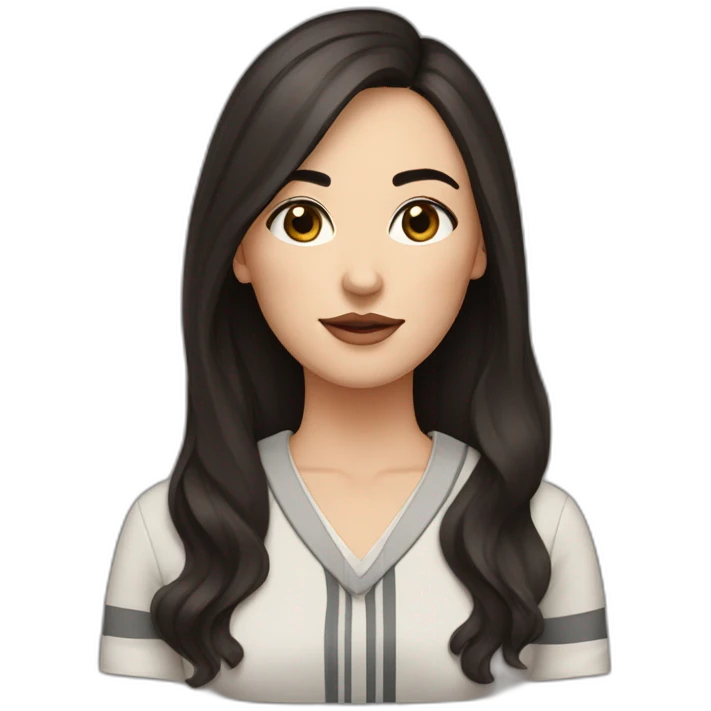 White women with long dark brown hair and long eyelashes dark brown eyes and thick dark brown eyebrows with the black dog with a white stripe on the neck and ears raised up emoji