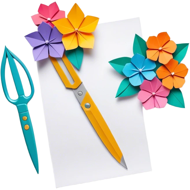 Paper crafting icon, colorful paper sheets, origami figures, 3D paper flowers, scissors and craft knife, minimalistic style, clean lines, transparent background. emoji