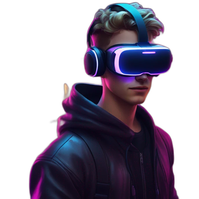 Russian young man wearing a black hoodie with "OMG" letters on it and VR headset in a cyberpunk VR environment with violet neon lighting. emoji