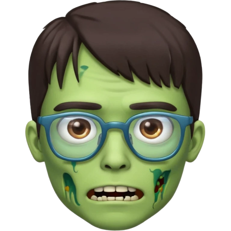 an emoji of a male green zombie with dark brown hair and female bangs that cover your entire forehead and extend to your eyebrows, wearing square, bluish glasses. emoji