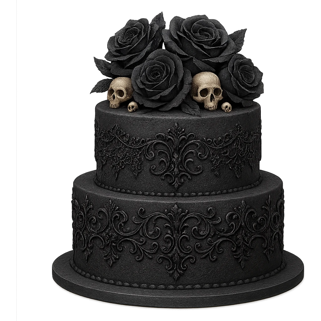 Gothic cake decorated with black lace, dark roses, tiny skulls, and ornate gothic filigree, no background, in a general style. emoji