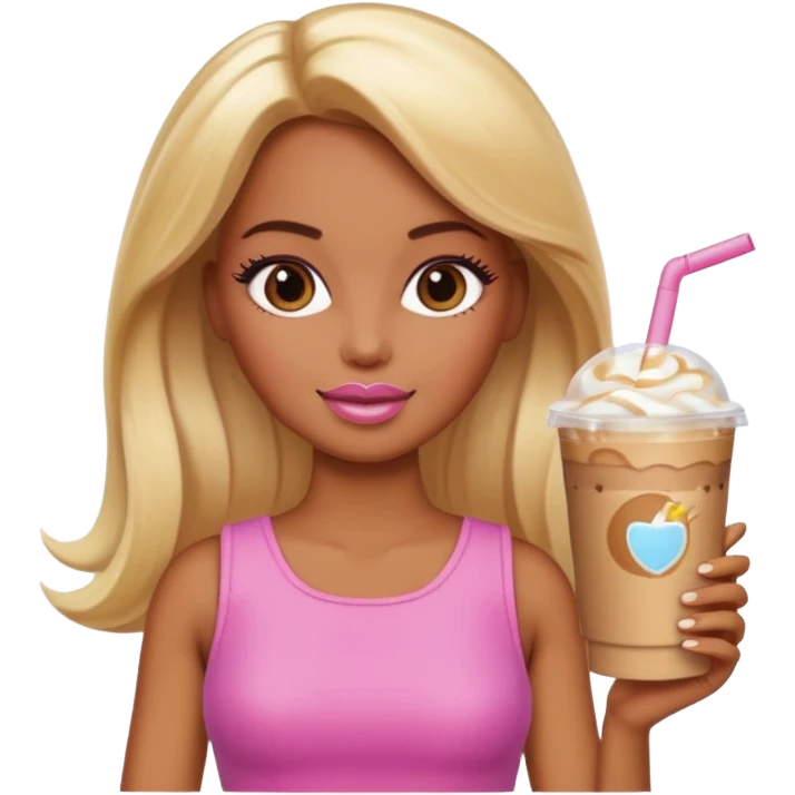 brown skin blonde barbie with iced latte emoji