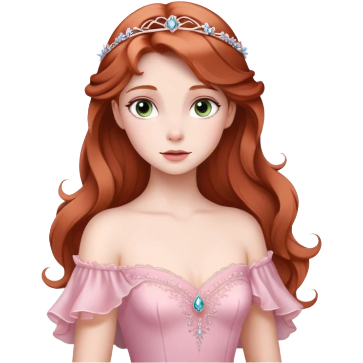 Cinematic Elegant Sleeping Beauty Portrait Emoji, rendered in a realistic, vector-style with minimal shading and bold, simplified shapes. Depict Aurora (Sleeping Beauty) (chest and above) with delicate porcelain skin, soft auburn hair styled gracefully, and gentle, dreamy eyes, dressed in her classic pink gown. The image glows with a soft, enchanting radiance and high shine, capturing timeless regal beauty. emoji