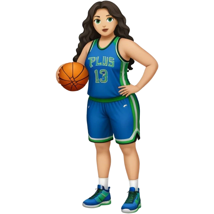 Full Body light skin Latino plus size full figured women basketball player with long wavy dark hair  wearing blue and green uniform emoji