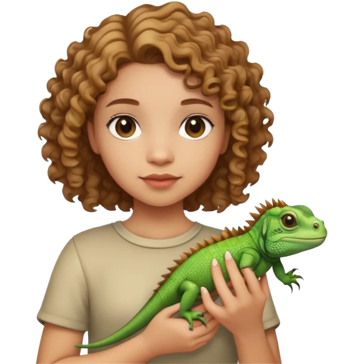 girl with curly light brown short hair, holding an iguana  emoji