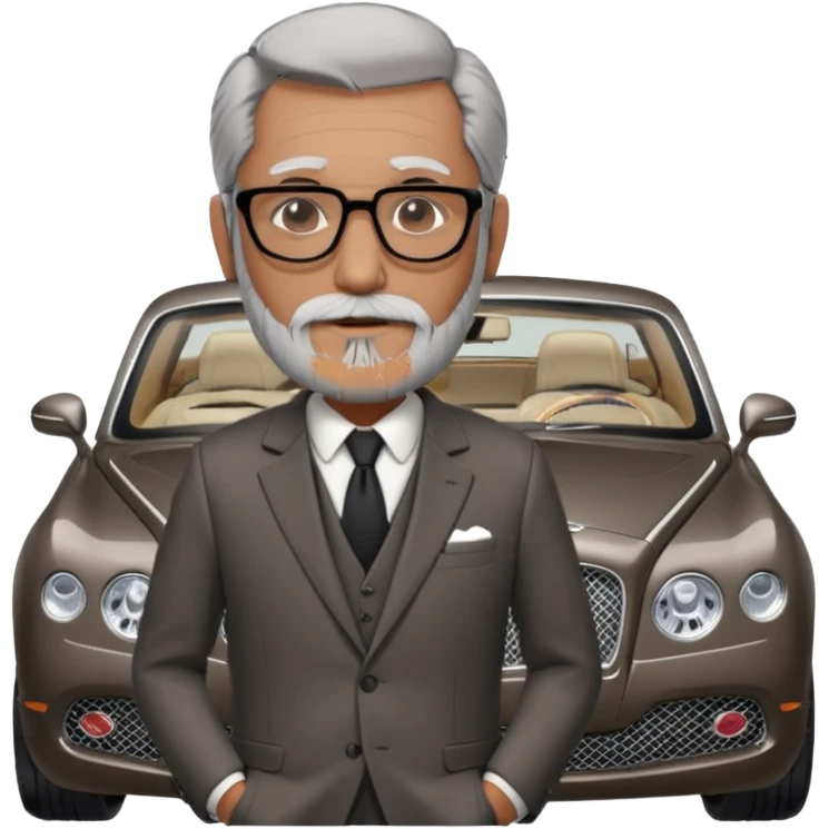 Professor Bentley Dyed black gray hair  frencb beard graying indian guy in suit with a bentley car. Older look around 60 yrs  with glasses slight balding emoji