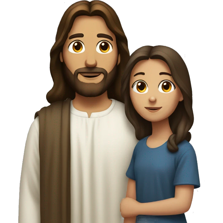 brunette girl standing next to jesus emoji
