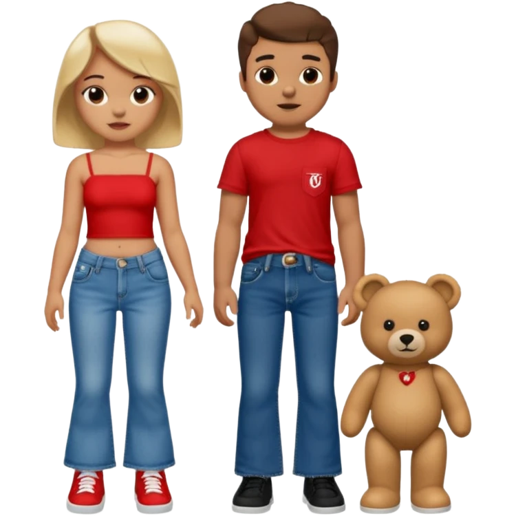 A boy and a girl teddy bear for the boy bear put on true religion shirt and jeans with black shoes and for the girl put flare jeans and a red tube top and white shoes just bears not the humans  emoji