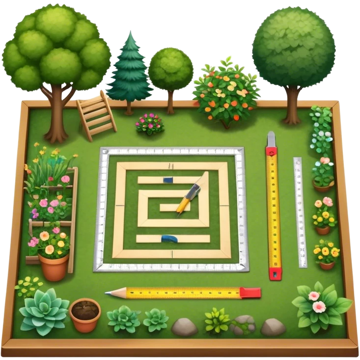 Icon for Landscape Design: a garden layout with plants, trees, paths, and design tools like a ruler, pencil and measuring tape. The icon should represent creativity in outdoor space planning and gardening. Transparent background. emoji