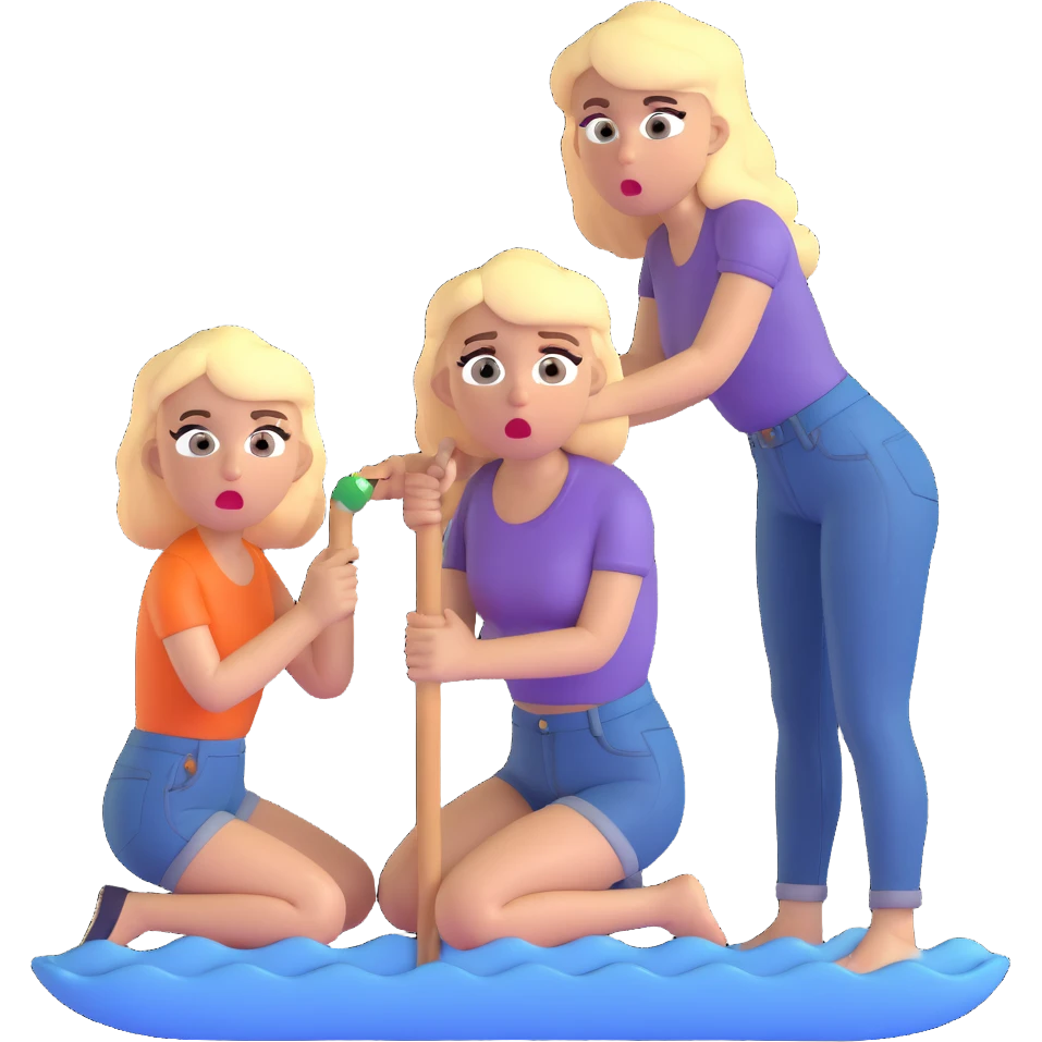 blond woman sitting on her knees with wide eyes, another man in jeans is staying (not sitting) on her left, she's holding a wide skin-colored stick with a D-shaped knob, the stick and the nob have skin texture, water squirting from the knob into her mouth, shocked face emoji