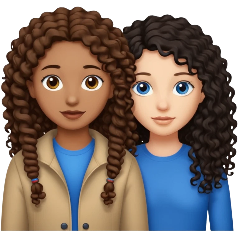 Two best friends .bestie 1: beige skin with brown long hair and blue eye. Bestie 2:mixed race skin with curly black hair and brown eye emoji