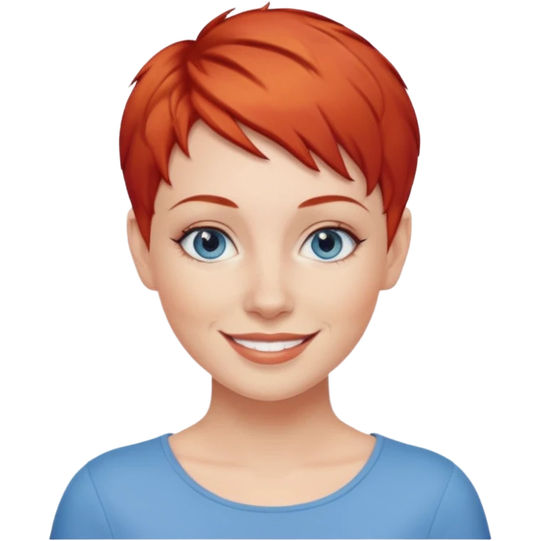27 year old white woman, red hair, pixie cut, blue eyes emoji