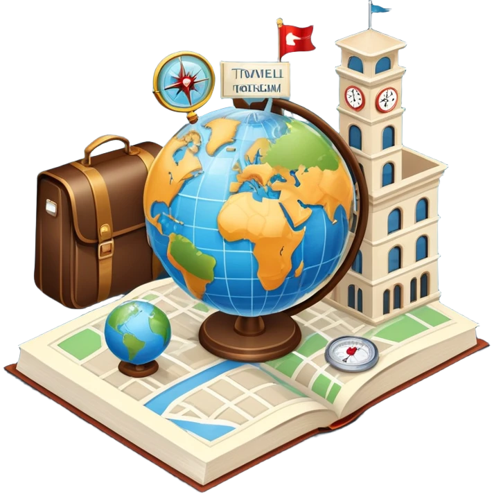 An icon featuring a hotel building, and a globe, symbolizing the scientific study of tourism and hospitality. The design includes a map, a compass, and a checklist, representing travel planning and service management. Transparent background highlights the academic exploration of the tourism industry emoji