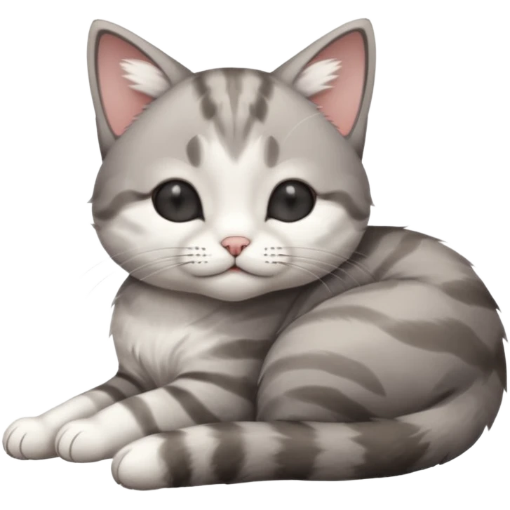 grey and white small cat with its eyes closed lying down with his head leaning on his paw emoji