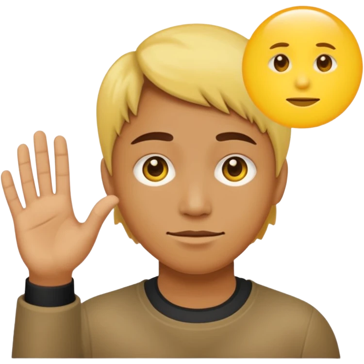 A yellow circle face person with neutral face with his hand in front of him at 120 degree angle emoji