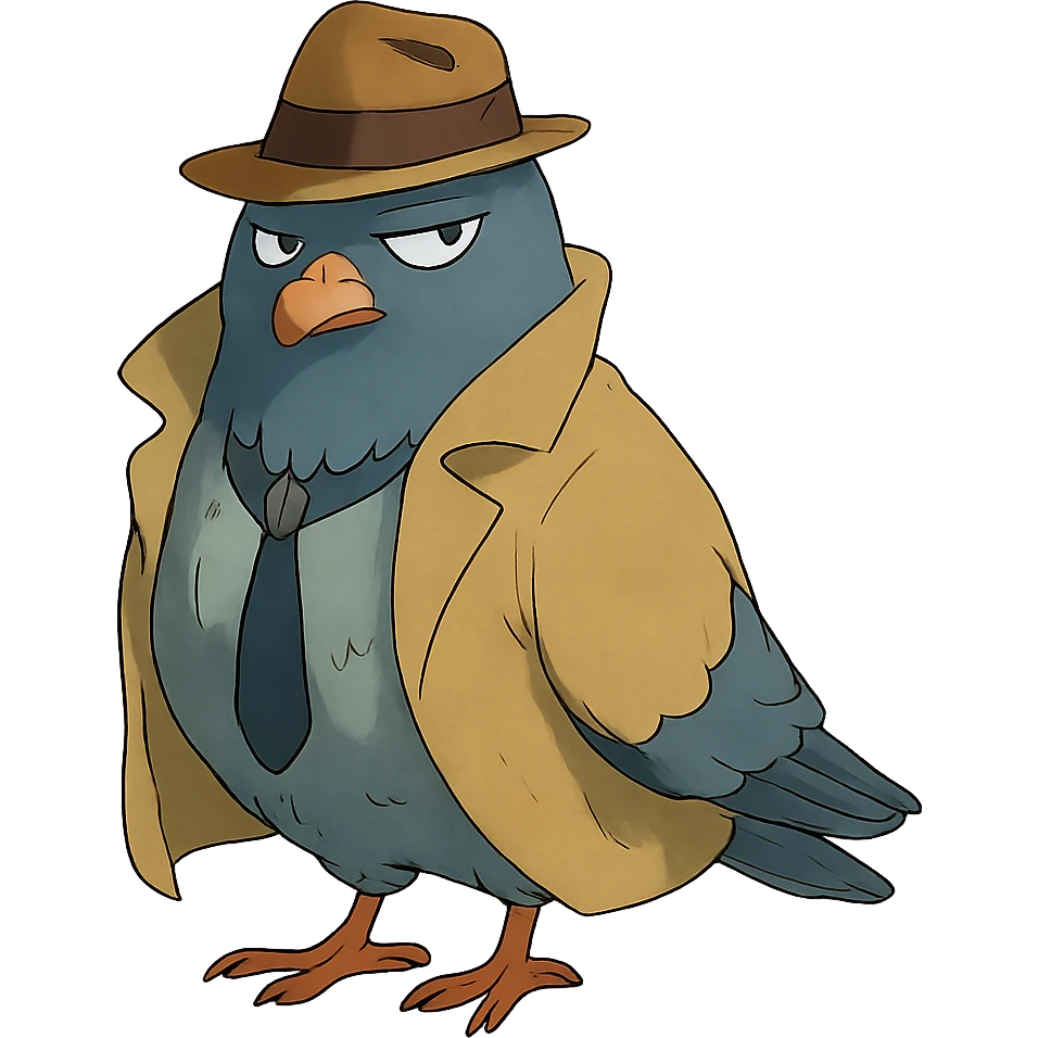 ghibli style spy pigeon with a mysterious expression emoji