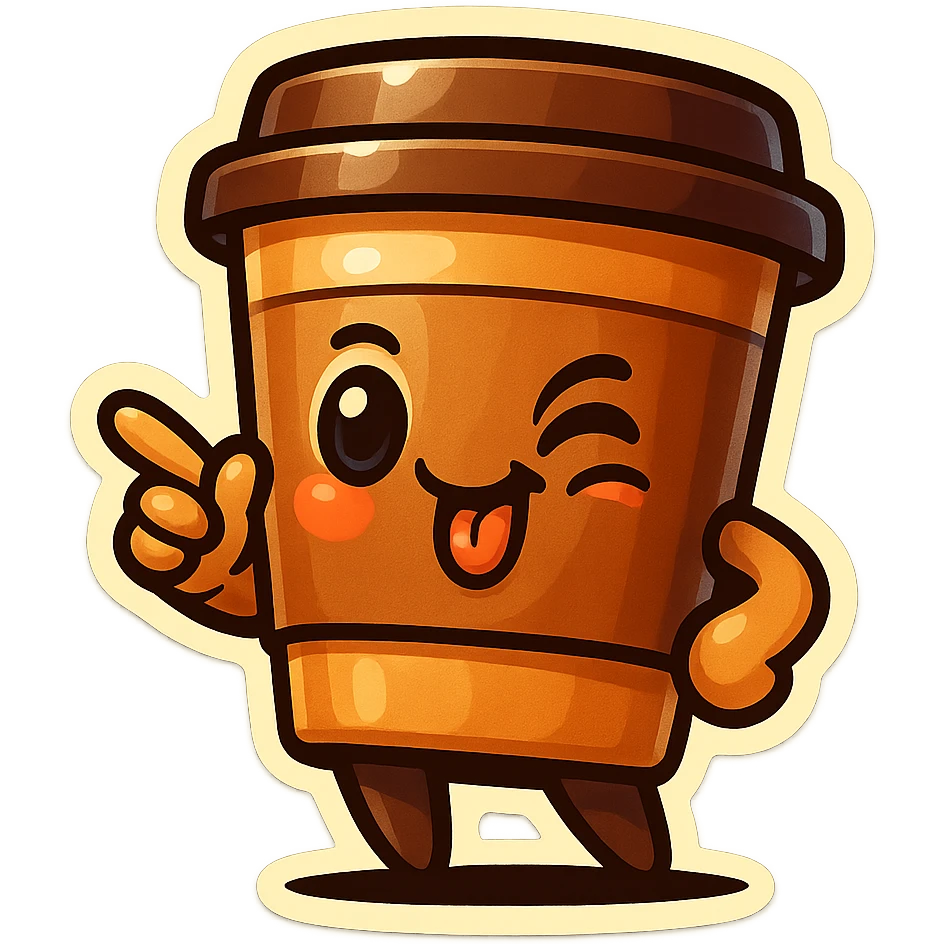 Tall coffee cup, pointing, winking, clinking tongue, cocky emoji