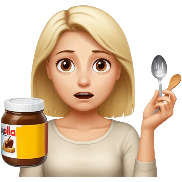 Nutella with a spoon. The glas of Nutella is almost empty . Only the one carriage of Nutella. Next to the Nutella is the head of a blond woman who is desperate to eat the Nutella  emoji