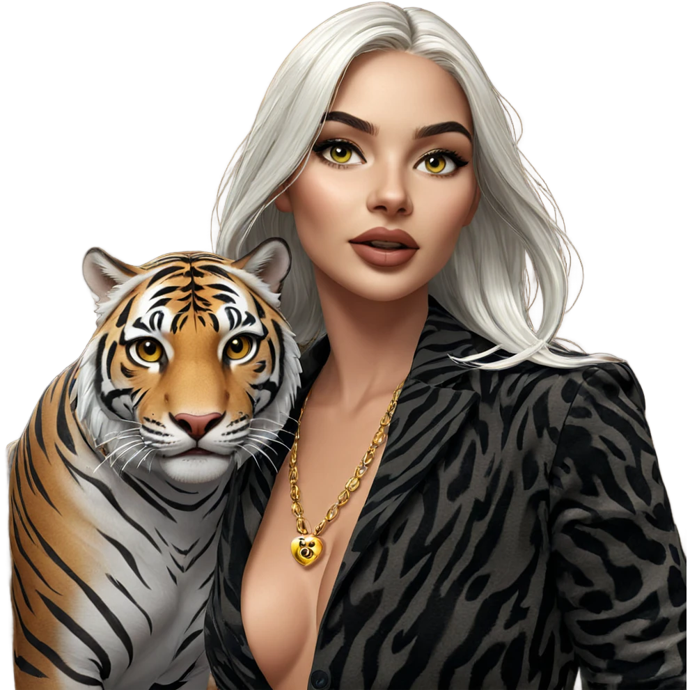 white-haired girl with tiger emoji