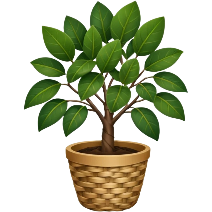 Elegant Rubber tree plant with dark coloured leaves in a woven basket pot emoji