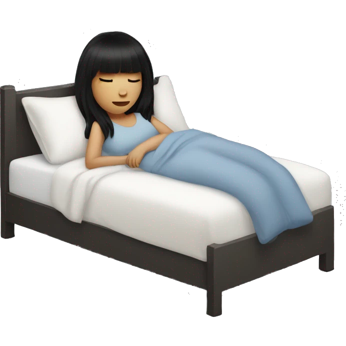 Woman pale skin black hair with bangs sleeping in bed with pillow, white woman emoji