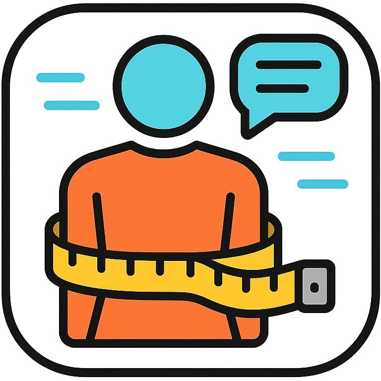 iOS app icon featuring a tape measure wrapped around a simplified body shape, with digital scan lines, representing scanning and personalized weight loss tips emoji