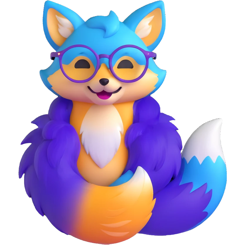 A magical fox with shimmering purple and blue fur, a glowing tail, a silver star on its forehead, and round glasses, laughing so hard that tears are streaming from its eyes emoji