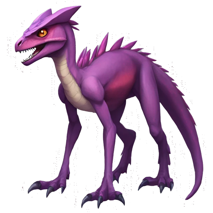 Anthro Mauve-maroon-red-violet-colored edgy anthro-genesect-velociraptor-scalie-sona-Fakémon-hybrid with a mane on head and back and horns full body emoji