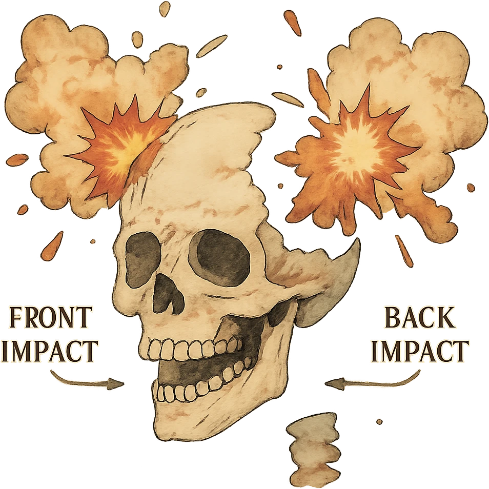 a skull exploding, diagram, front and back impact points,  emoji