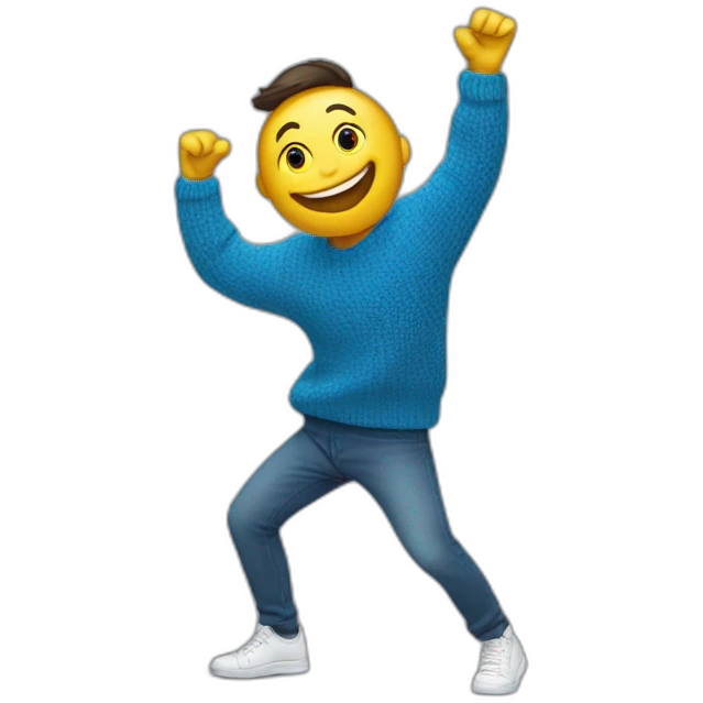 blue sweater with smiling guy full body enjoy slasa dance  emoji