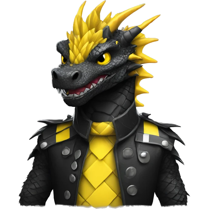 Black dragon dressed in punk clothes with chequer black and white markings and yellow caution tape  emoji