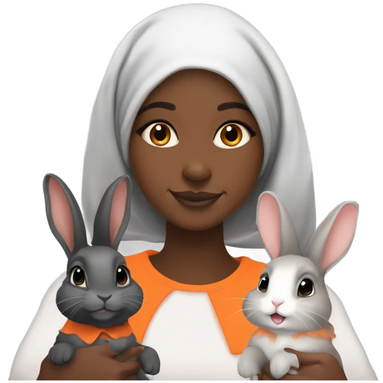 Black Muslim girl and her 3 cute orange, gray, and mix colored holland lop bunnies emoji