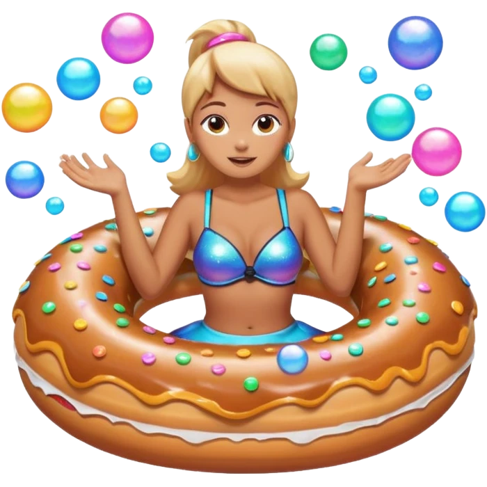 A woman riding a donut float, with bubbles popping all around her emoji
