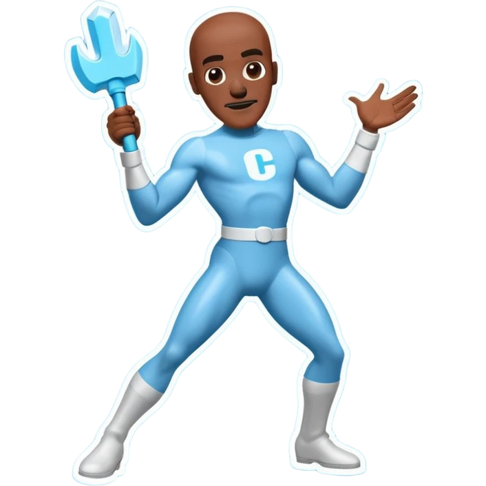 Frozone character in retro stickers style, dynamic pose, icy effects, bold outlines, vibrant colors he says "c'est carré dans l'axe" emoji