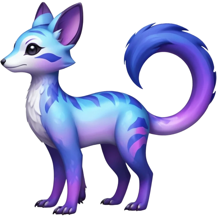  Shiny iridescent glossy oily smooth silky soft White with indigo-Violet-purple-pinkish-gradient markings beautiful handsome gorgeous aesthetic colorful vibrant Vernid-Trico-species-Fakemon-creature by LiLaiRa, 4 legs, 1 tail, random markings, (full body) emoji