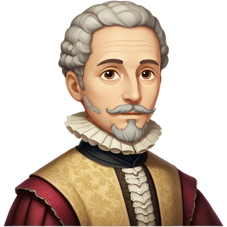 Cinematic Realistic Miguel de Cervantes Portrait Emoji, depicted as a wise thoughtful literary figure in period attire with a reflective gaze, rendered with detailed textures and soft historical lighting that captures his enduring literary legacy. emoji