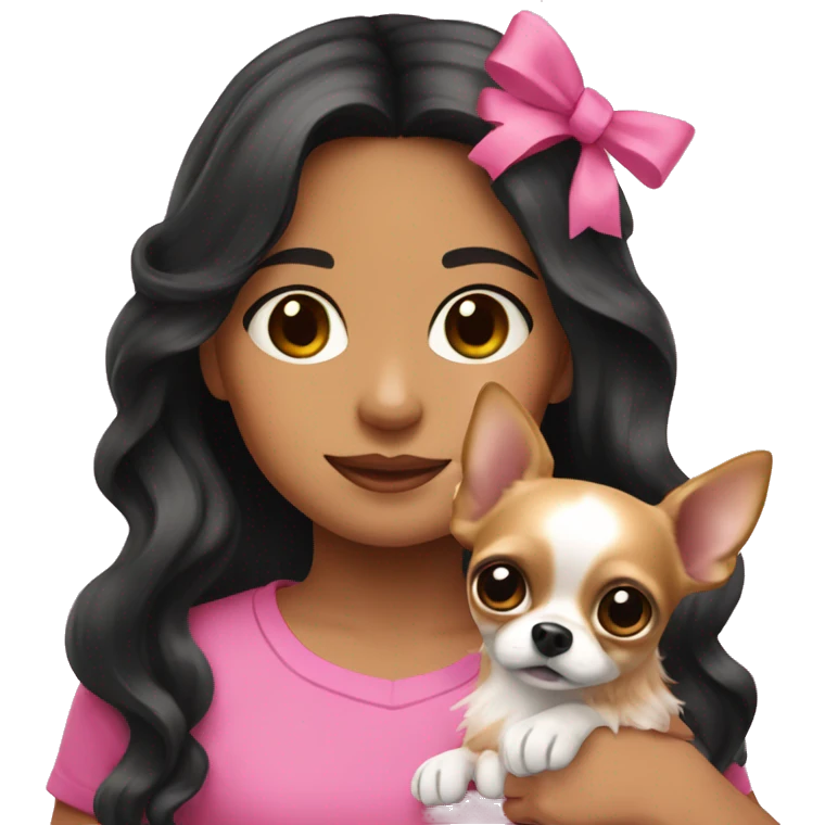 Hispanic girl with long black wavy hair wearing a pink shirt holding a chihuahua wearing a pink bow emoji